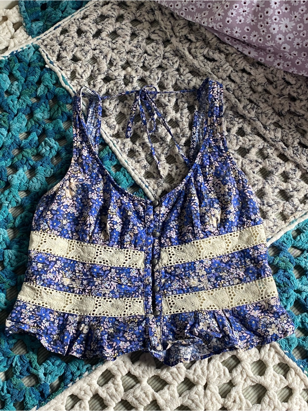Free People Blue Floral Smocked Lace Tank Top Boho L
